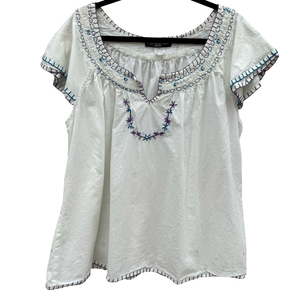 Mix Nouveau White Smocked Embroidered Cotton Peasant Blouse‎ Womens 22 Boho Top